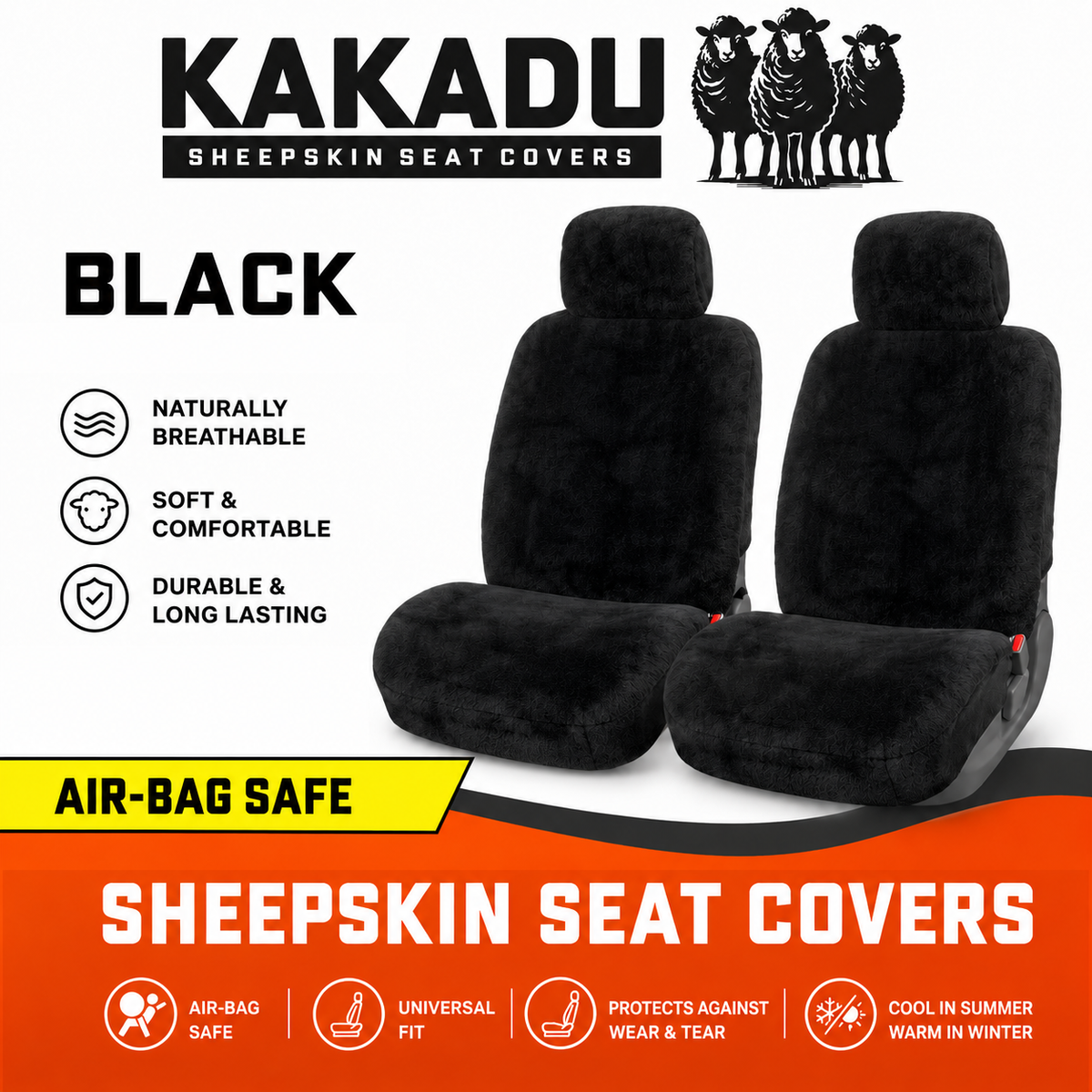KAKADU Swagman Universal Sheepskin Front Seat Covers AUDI A5 8T 2DR COUPE 3/2012-7/2017 Black or Charcoal