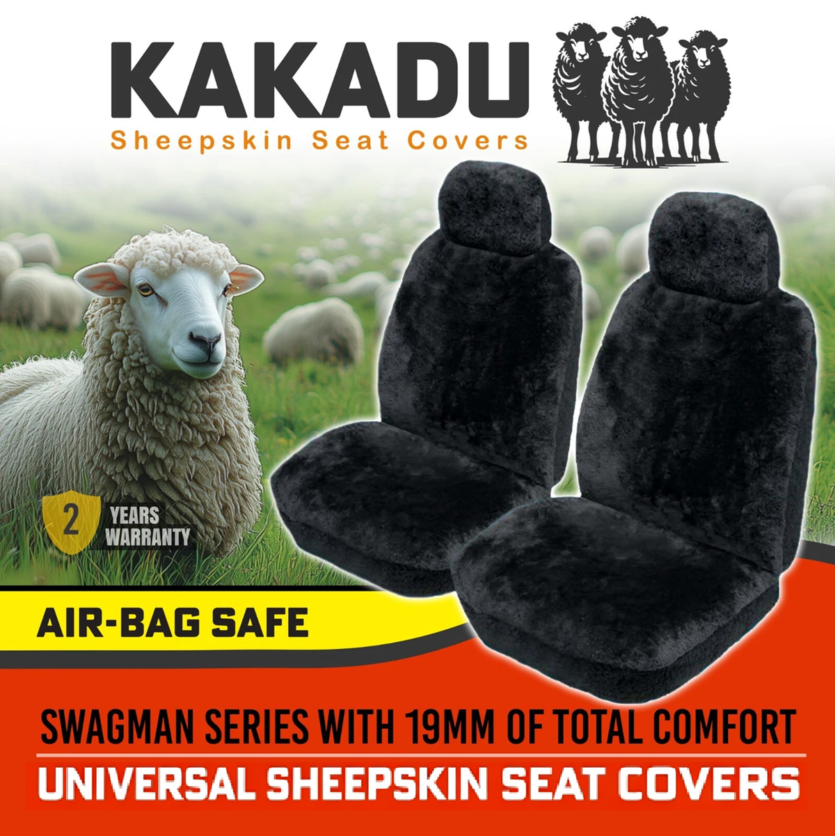 KAKADU Swagman Universal Sheepskin Front Seat Covers AUDI A4 B8 B9 WAGON 7/2008-2/2020 Black or Charcoal