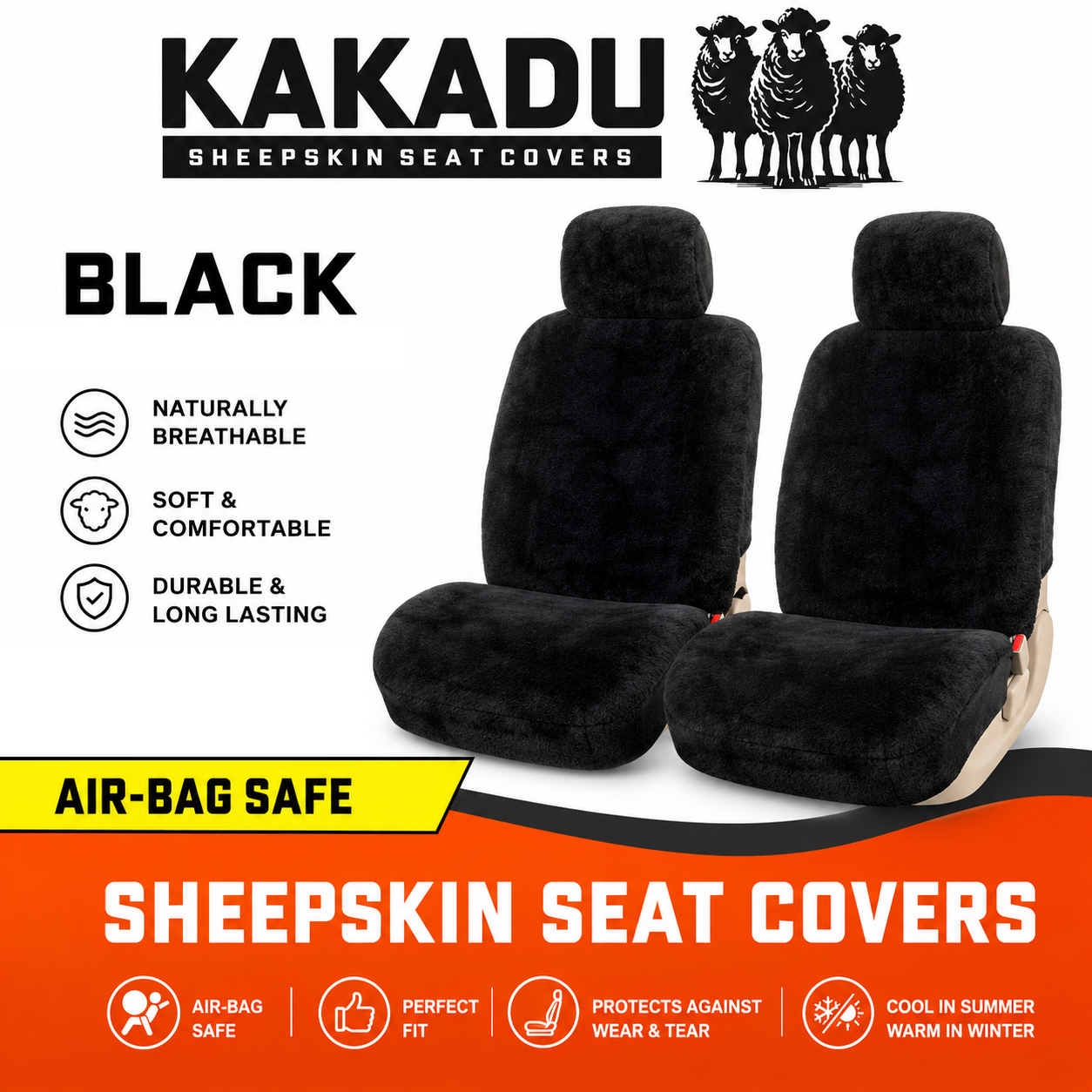 KAKADU Custom Made Sheepskin Seat Covers Mazda BT-50 TF XTR GT BT50 7/2020-2026 Black