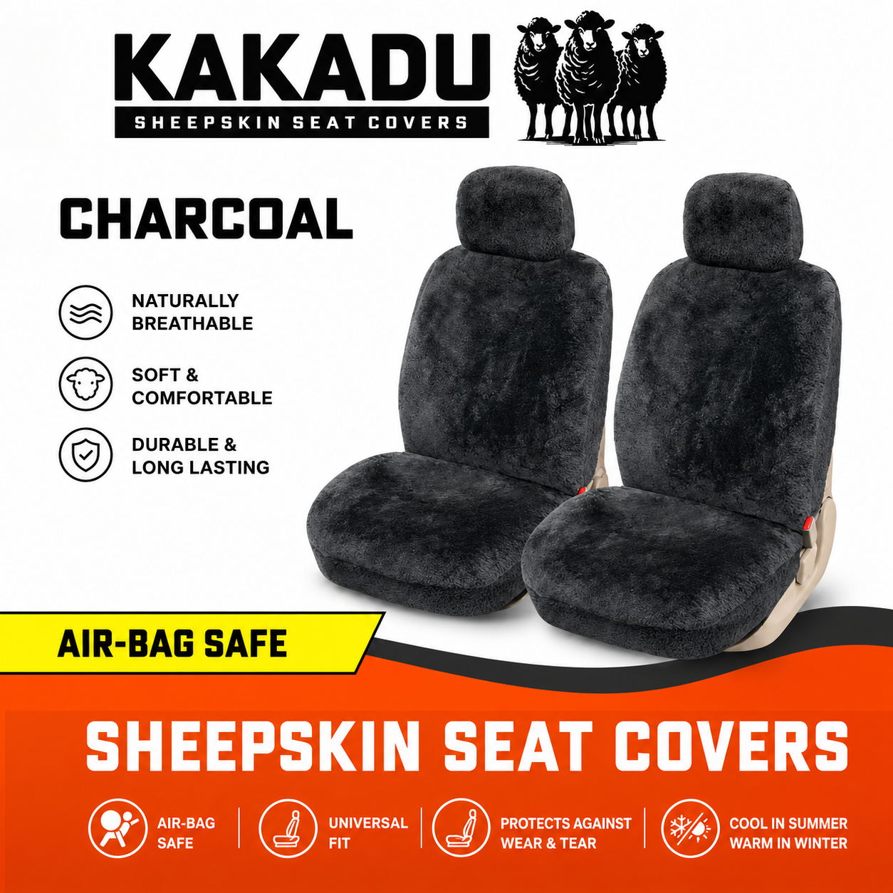 KAKADU Swagman Universal Front Sheepskin Seat Covers 2 Year Warranty 19mm AIRBAG SAFE 2 Colours