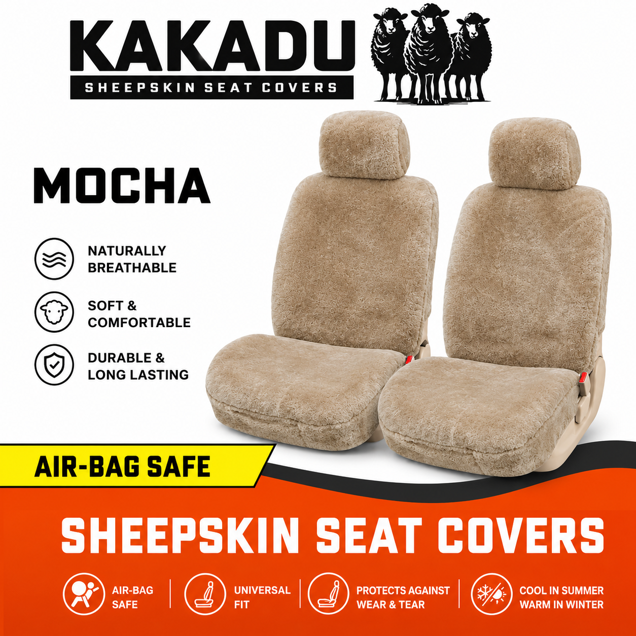 KAKADU Ultimate Universal Sheepskin Seat Covers 6 Year Warranty 30mm AIRBAG Safe 5 Colours