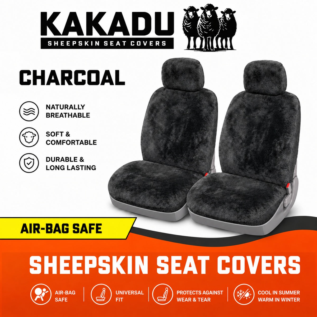 KAKADU Select Universal Front Sheepskin Seat Covers 5 Year Warranty 25mm AIRBAG Safe 5 Colours