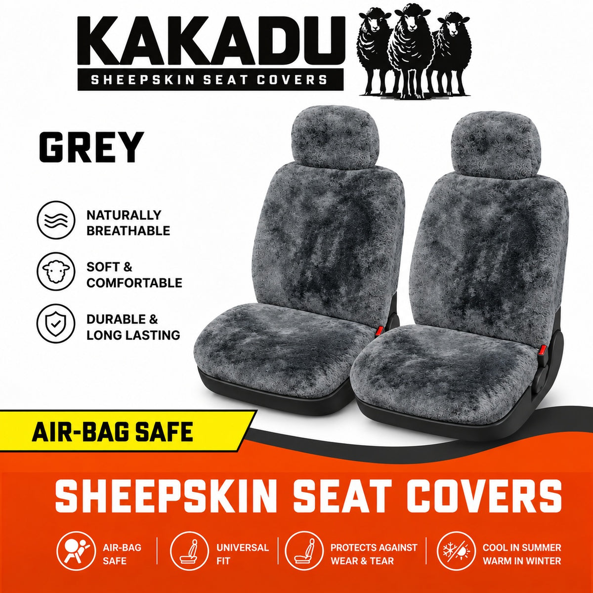 KAKADU Select Universal Front Sheepskin Seat Covers 5 Year Warranty 25mm AIRBAG Safe 5 Colours