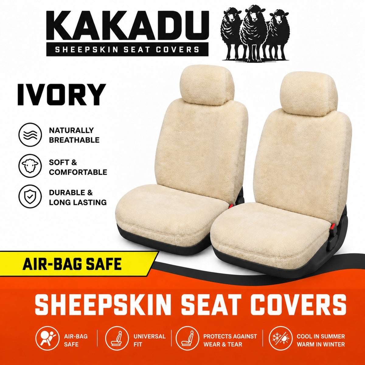 KAKADU Select Universal Front Sheepskin Seat Covers 5 Year Warranty 25mm AIRBAG Safe 5 Colours