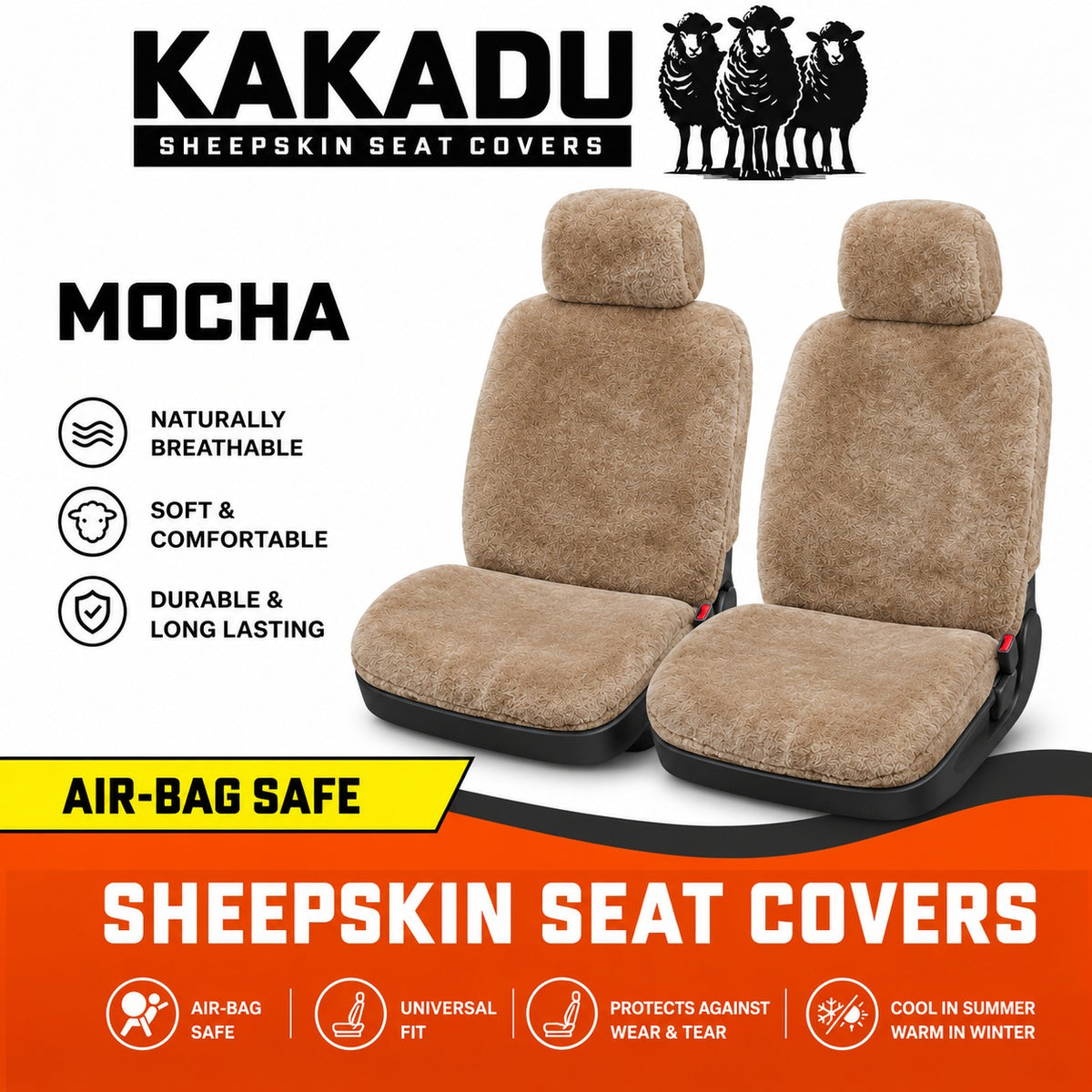 KAKADU Select Universal Front Sheepskin Seat Covers 5 Year Warranty 25mm AIRBAG Safe 5 Colours