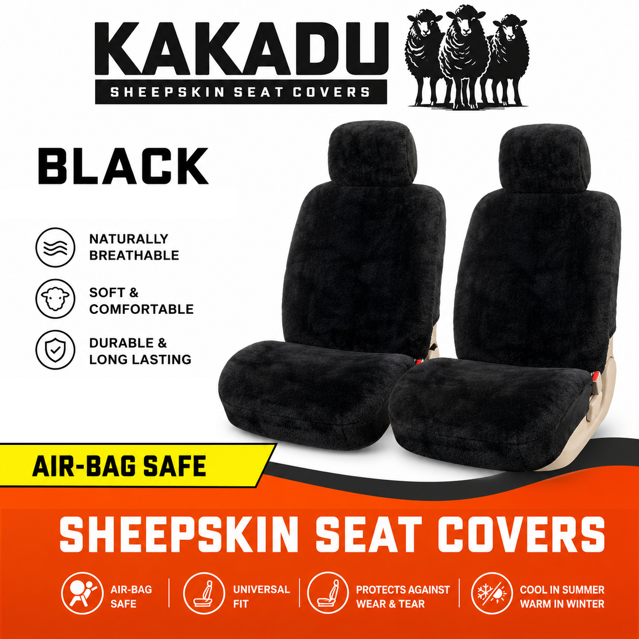 KAKADU Swagman Universal Front Sheepskin Seat Covers 2 Year Warranty 19mm AIRBAG SAFE 2 Colours