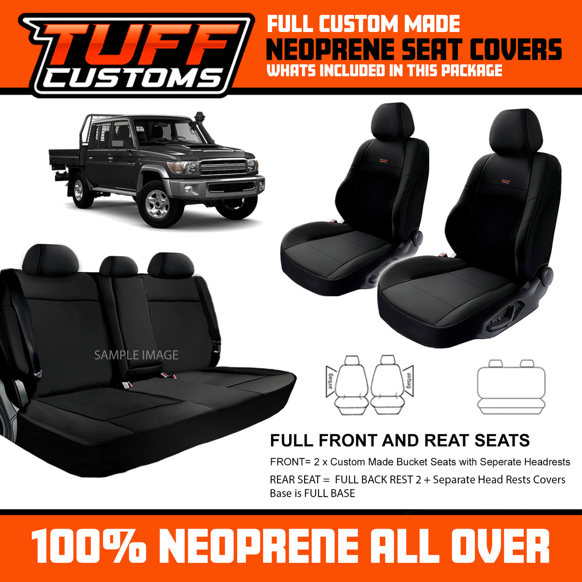 Tuff Customs Neoprene Seat Covers For Toyota Landcruiser 79 Series GX GXL VDJ79R 2016-2026 2 Rows in Black
