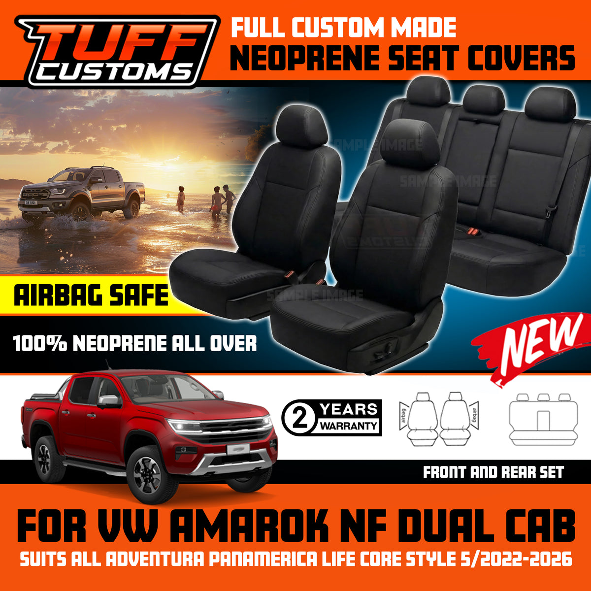 Tuff Customs Neoprene Seat Covers For Volkswagen Amarok NF Adventura LIFE CORE 12/2022-2026 2 Rows Black