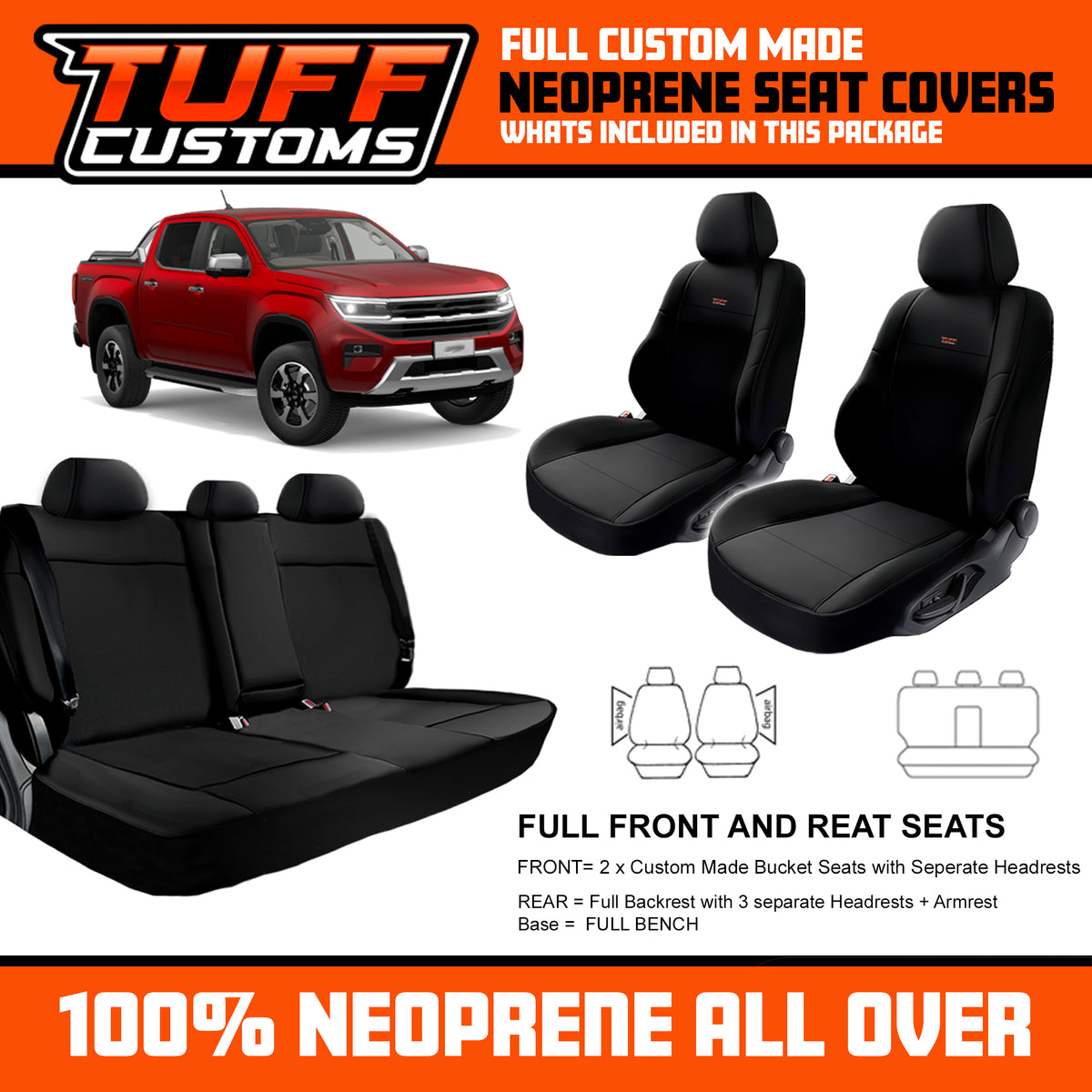 Tuff Customs Neoprene Seat Covers For Volkswagen Amarok NF Adventura LIFE CORE 12/2022-2026 2 Rows Black