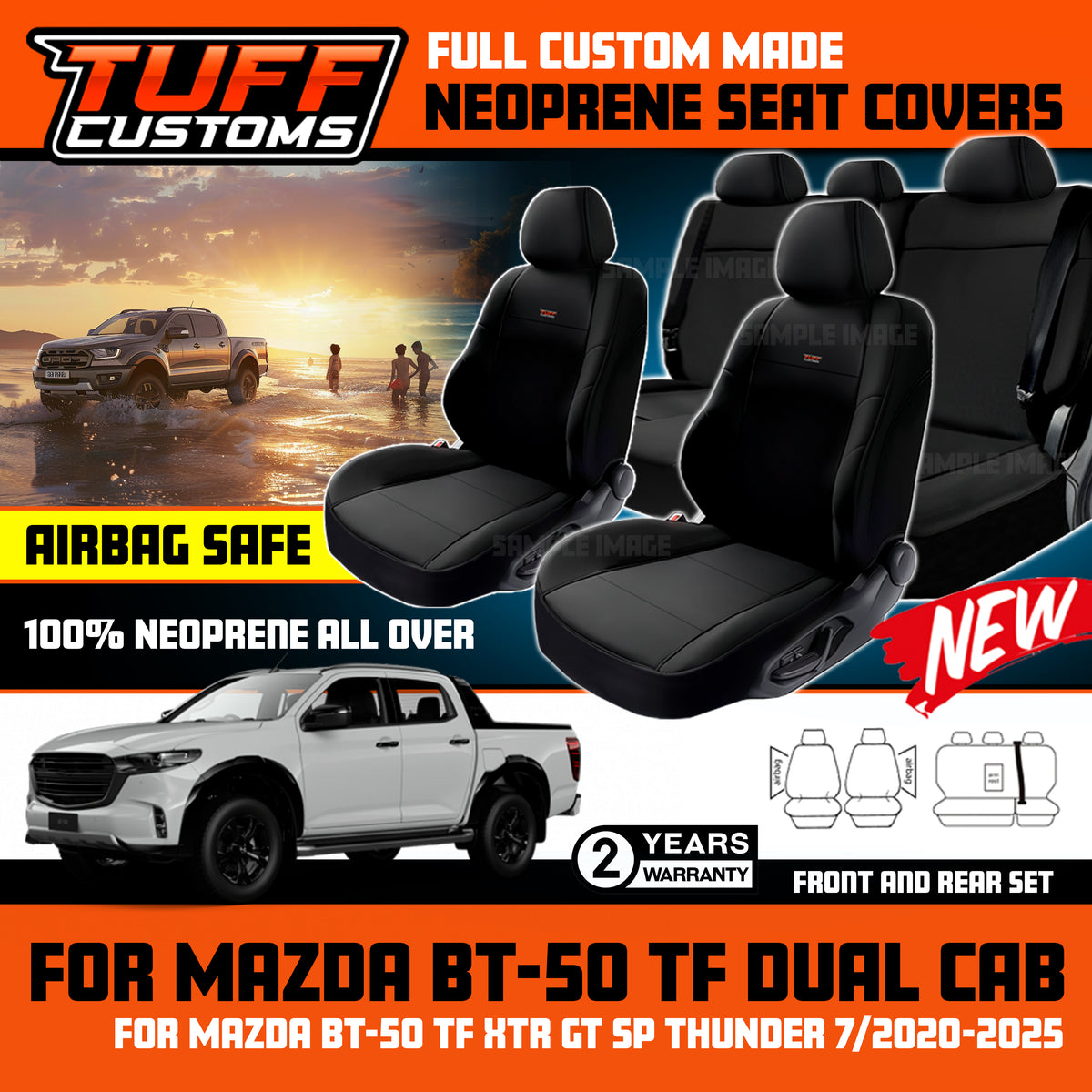 Tuff Customs Neoprene Seat Covers For Mazda BT50 TF XTR GT SP THUNDER 2020-2026 BT-50 2 Rows Black