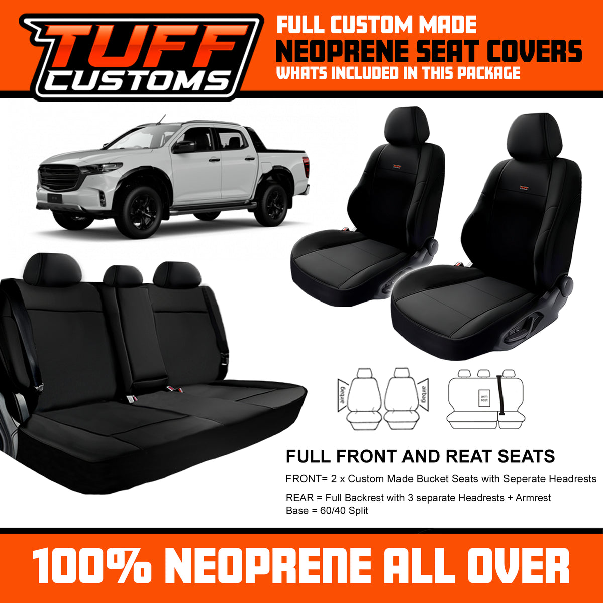 Tuff Customs Neoprene Seat Covers For Mazda BT50 TF XTR GT SP THUNDER 2020-2026 BT-50 2 Rows Black