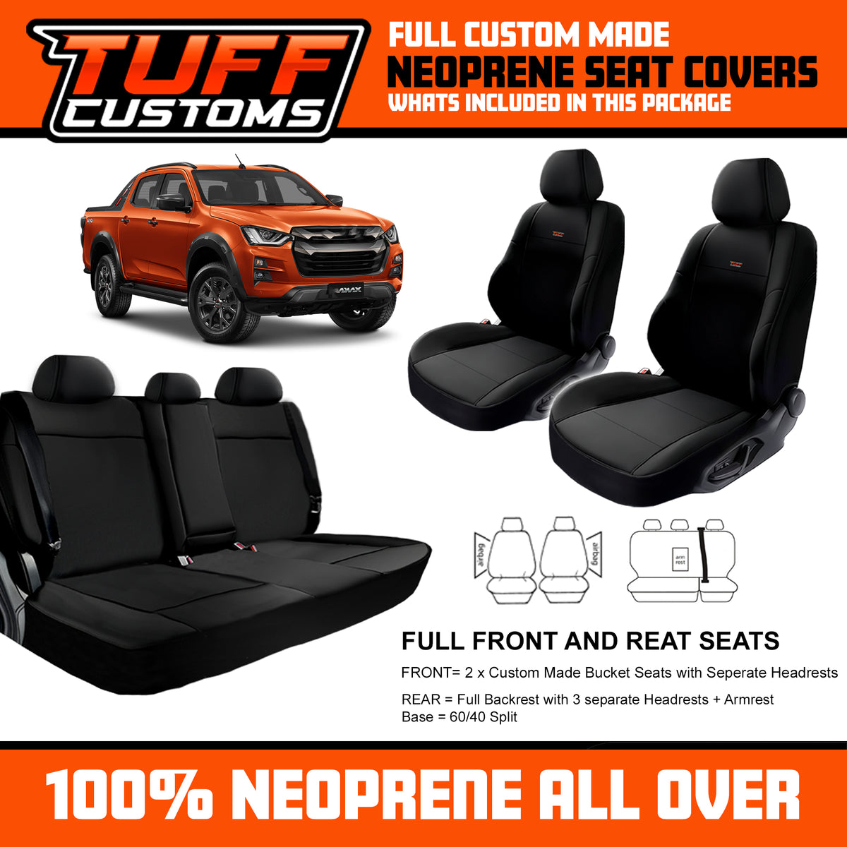 Tuff Customs Neoprene Seat Covers Isuzu TF Dmax D-Max LS-M LS-U X-Terrain 7/2020-2026 2 Rows Black