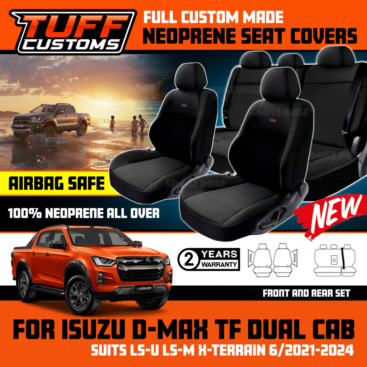Tuff Customs Neoprene Seat Covers Isuzu TF Dmax D-Max LS-M LS-U X-Terrain 7/2020-2026 2 Rows Black