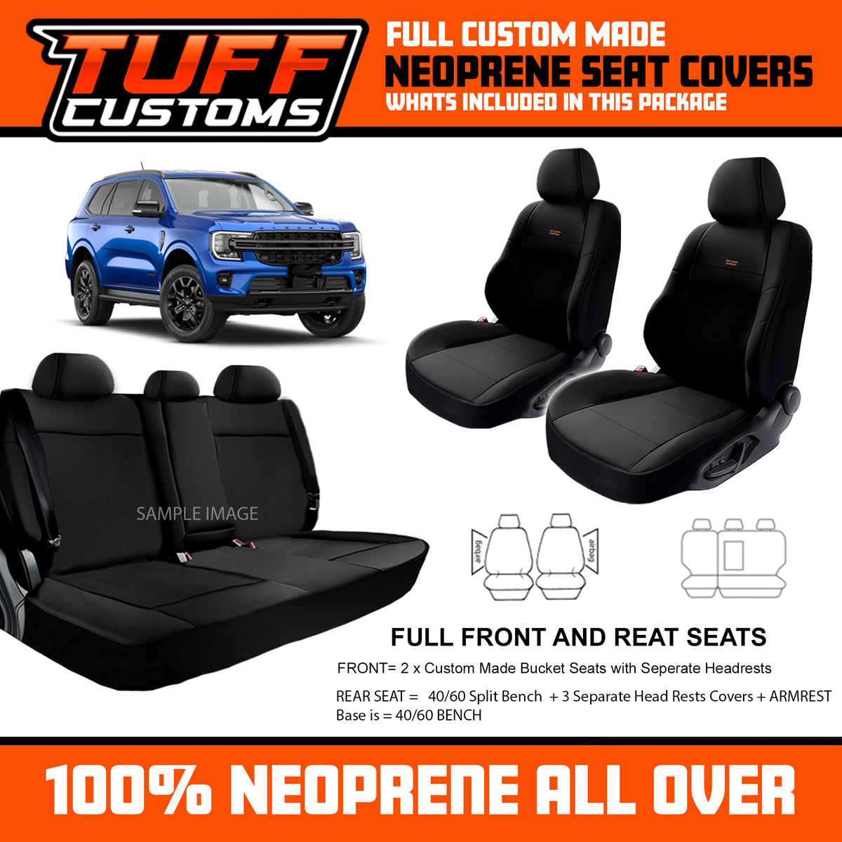 TUFF Customs Neoprene Seat Covers 2 Rows Ford NEXT GEN EVEREST TREND WILDTRACK SPORT 2022-2026