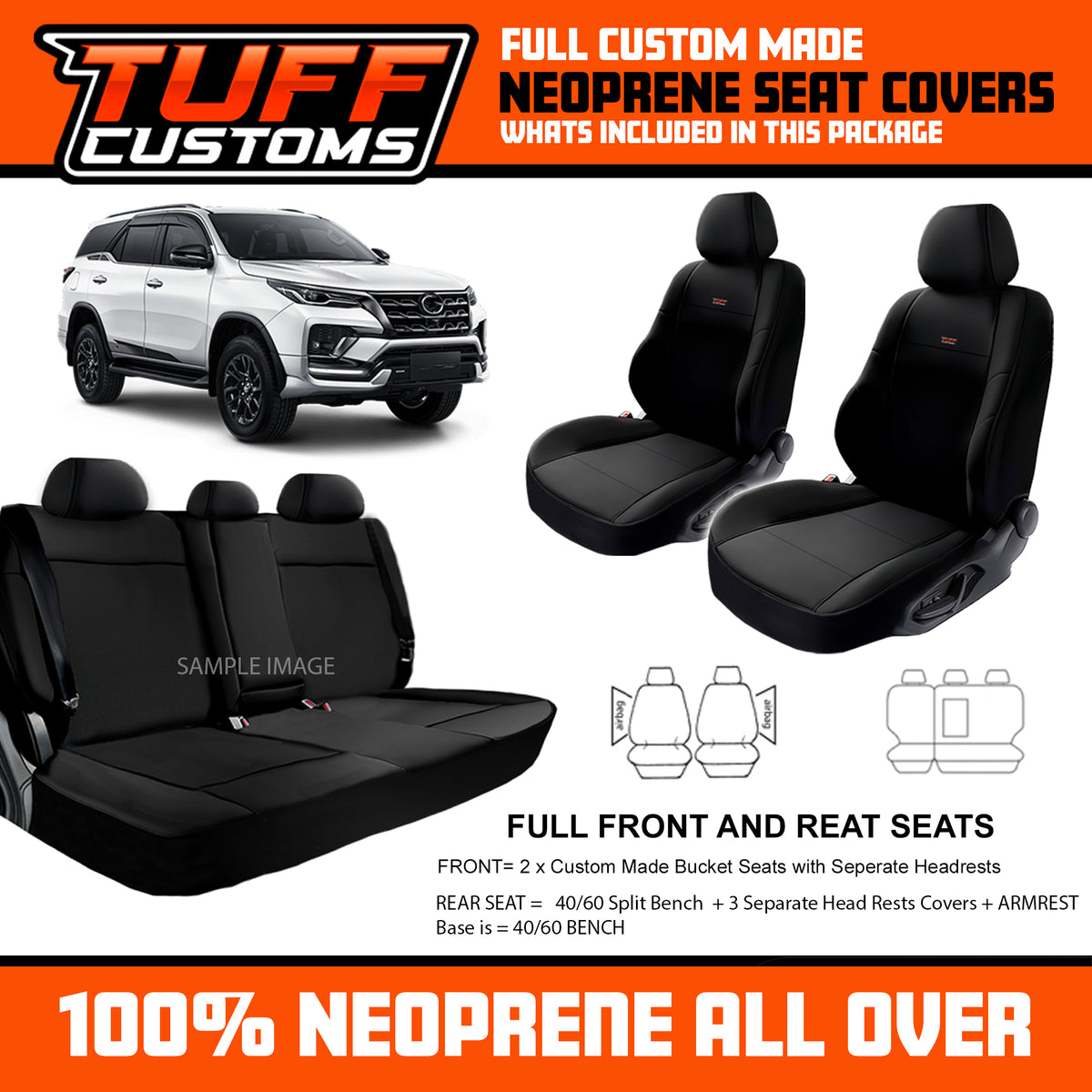 TUFF Customs Neoprene Seat Covers 2 Rows For Toyota Fortuner GX GXL CRUSADE 6/2021-2026