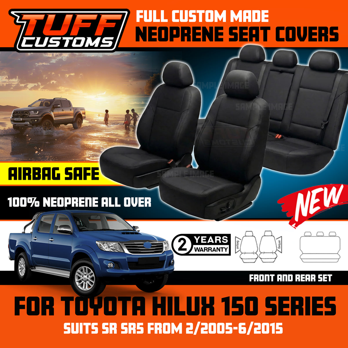 TUFF Customs Neoprene Seat Covers for Toyota Hilux 150 SR5 SR Dual Cab 2005-2015 2 Rows