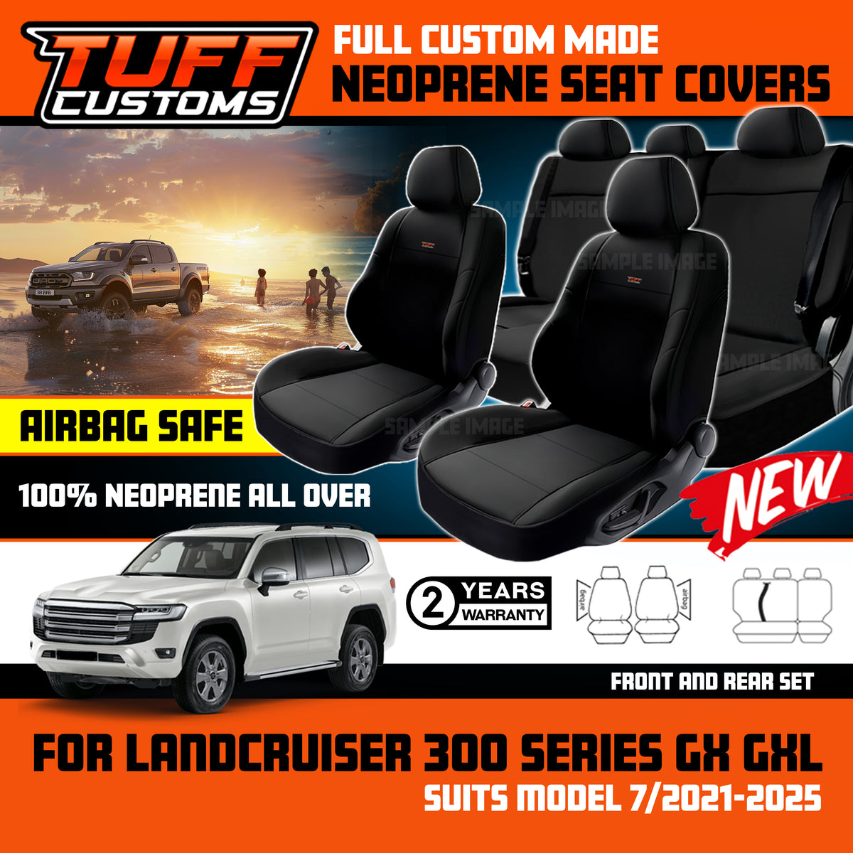 Tuff Customs Neoprene Seat Covers 2 Rows For Toyota Landcruiser 300 Series GX GXL 7/2021-2026