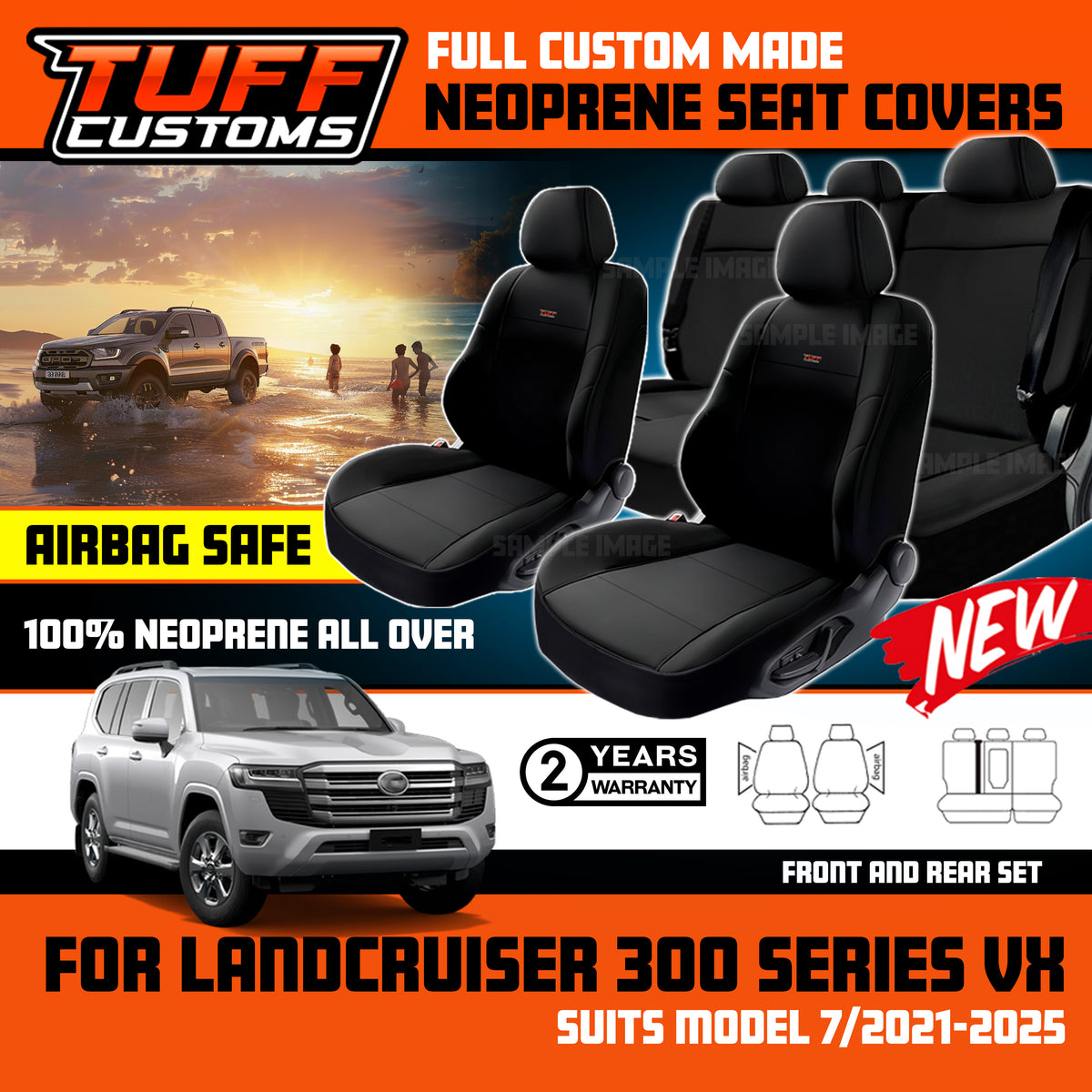Tuff Customs Neoprene Seat Covers 2 Rows For Toyota Landcruiser 300 Series VX 7/2021-2026