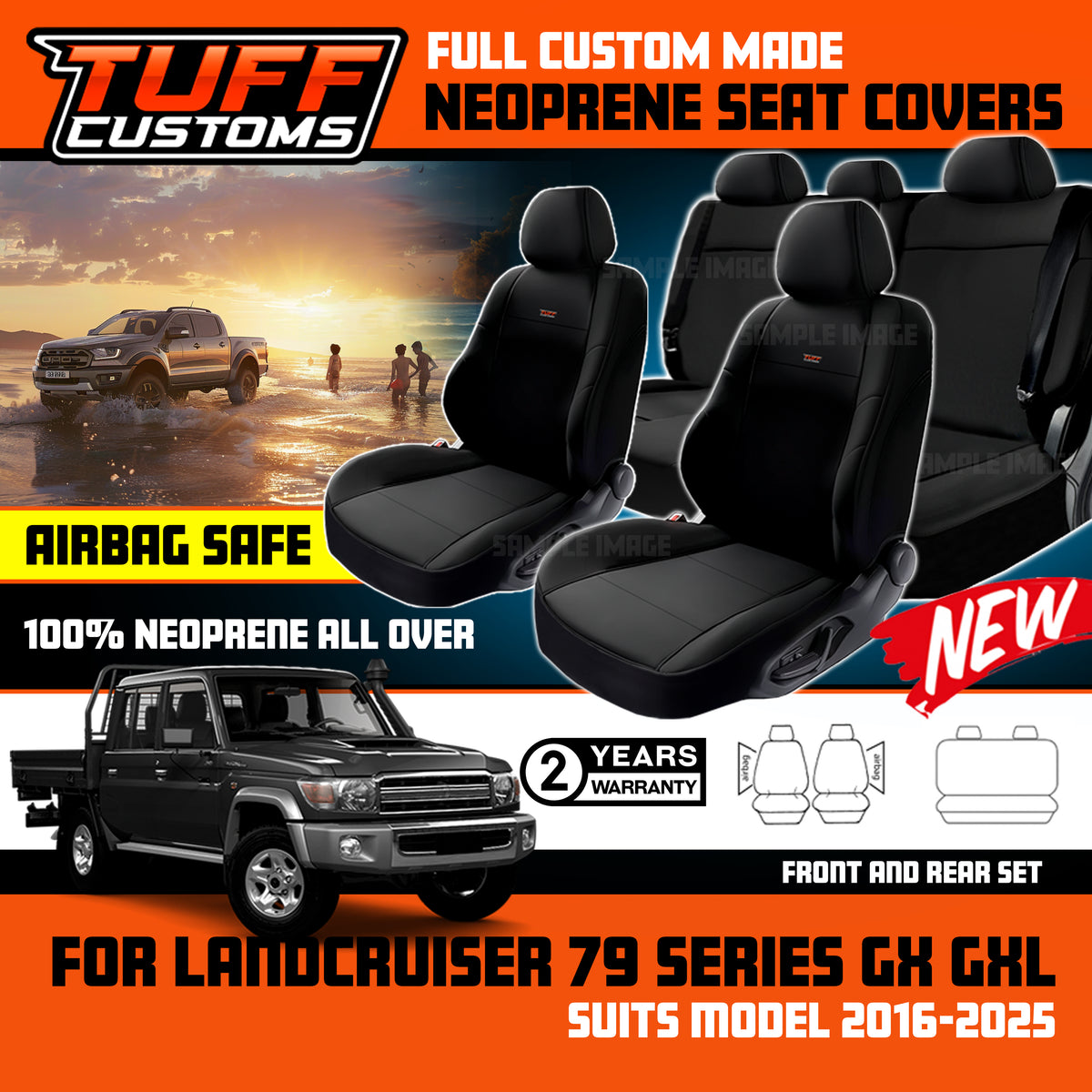 Tuff Customs Neoprene Seat Covers For Toyota Landcruiser 79 Series GX GXL VDJ79R 2016-2026 2 Rows in Black