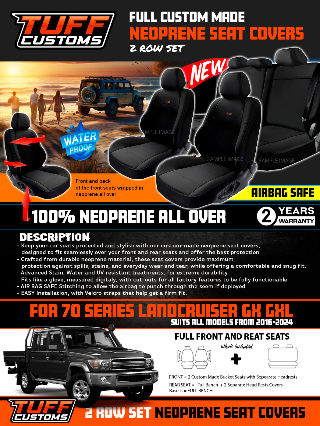 Tuff Customs Neoprene Seat Covers For Toyota Landcruiser 79 Series GX GXL VDJ79R 2016-2026 2 Rows in Black