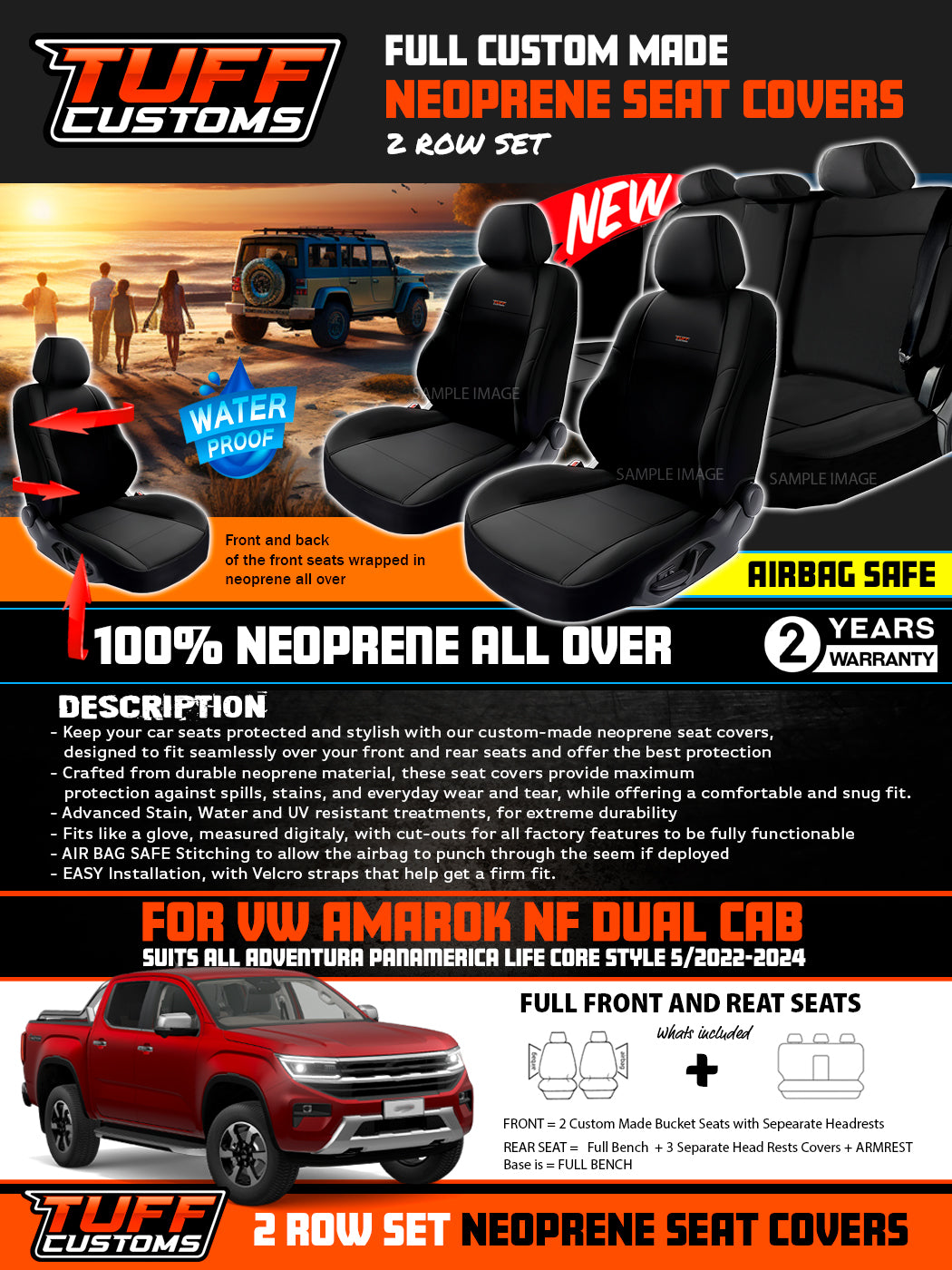 Tuff Customs Neoprene Seat Covers For Volkswagen Amarok NF Adventura LIFE CORE 12/2022-2026 2 Rows Black