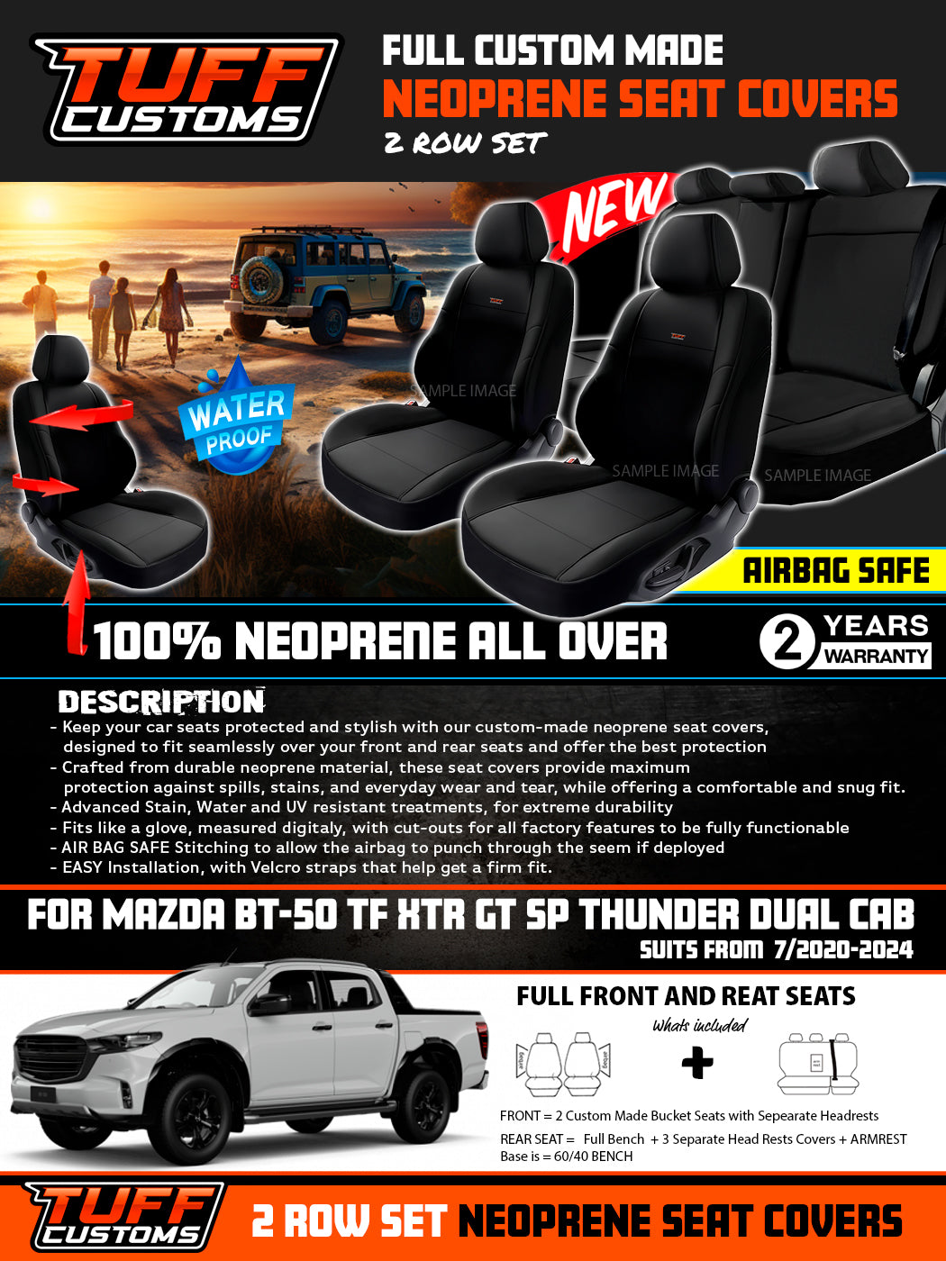 Tuff Customs Neoprene Seat Covers For Mazda BT50 TF XTR GT SP THUNDER 2020-2026 BT-50 2 Rows Black