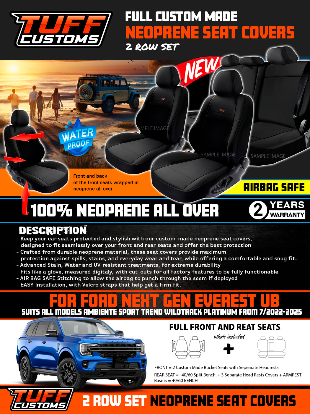 TUFF Customs Neoprene Seat Covers 2 Rows Ford NEXT GEN EVEREST TREND WILDTRACK SPORT 2022-2026
