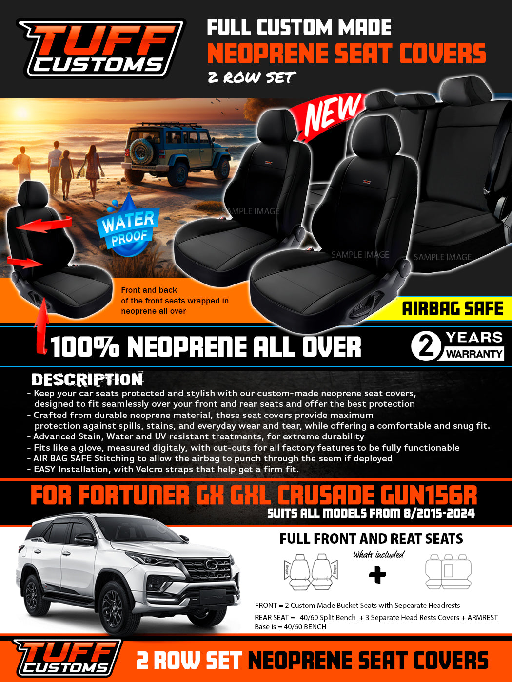 TUFF Customs Neoprene Seat Covers 2 Rows For Toyota Fortuner GX GXL CRUSADE 6/2021-2026