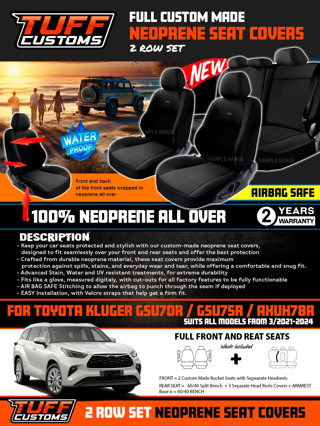 Tuff Customs Neoprene Seat Covers For Toyota Kluger GSU70R GSU75R GX GXL 3/2021-2026 2 Row SET
