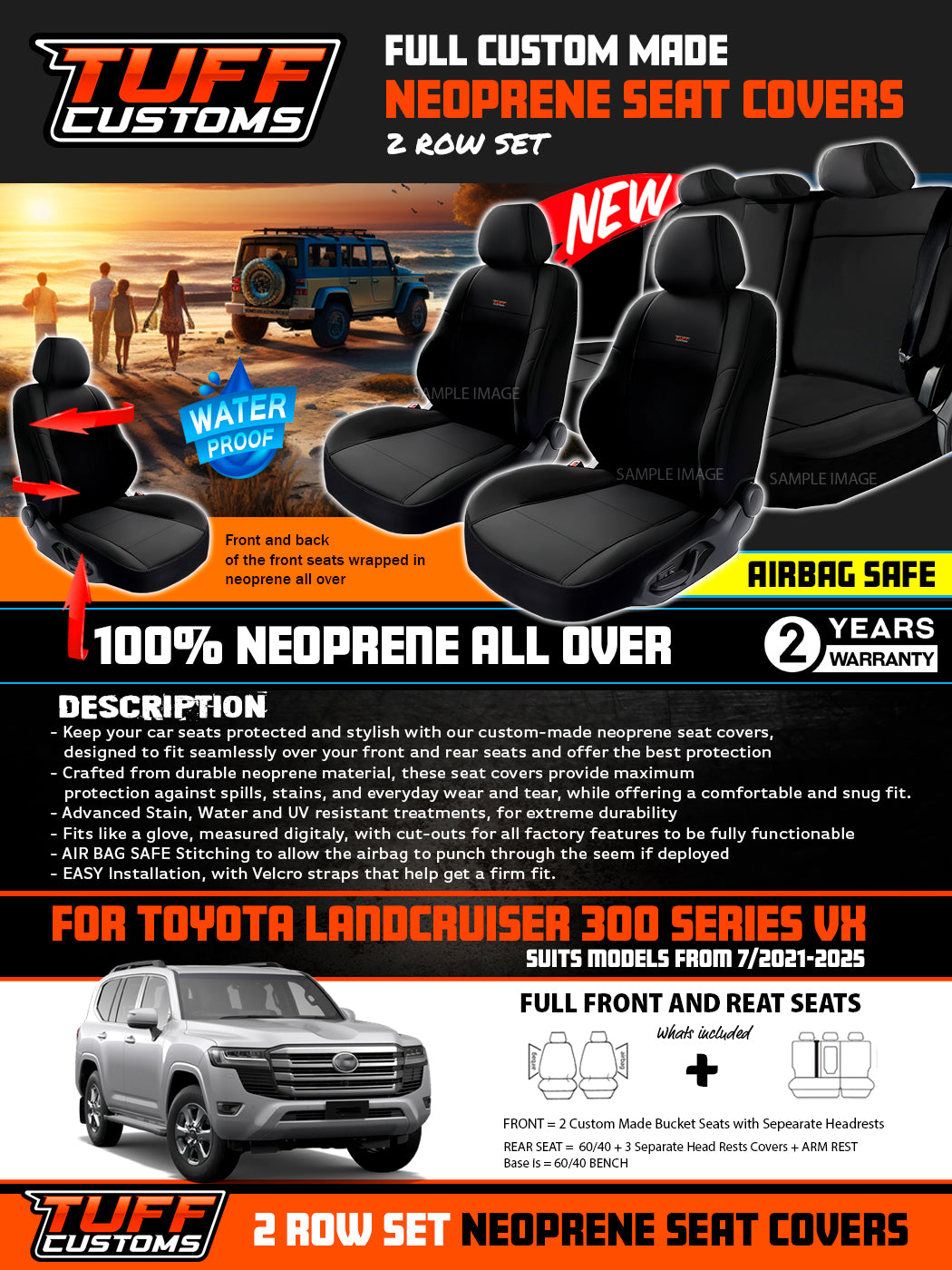 Tuff Customs Neoprene Seat Covers 2 Rows For Toyota Landcruiser 300 Series VX 7/2021-2026