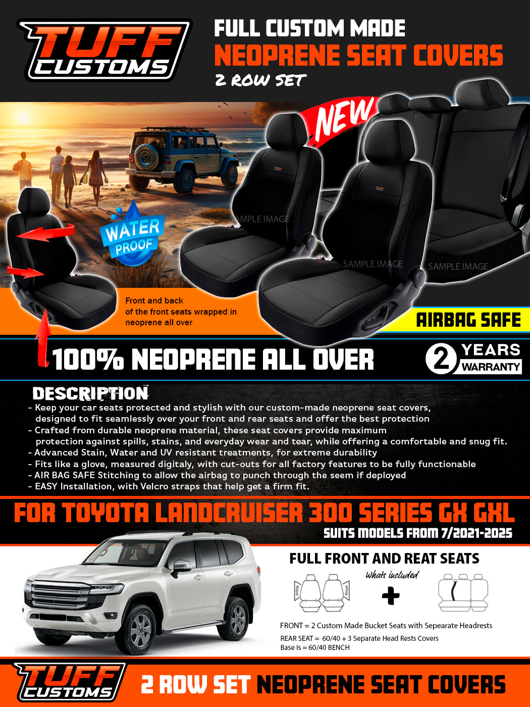 Tuff Customs Neoprene Seat Covers 2 Rows For Toyota Landcruiser 300 Series GX GXL 7/2021-2026