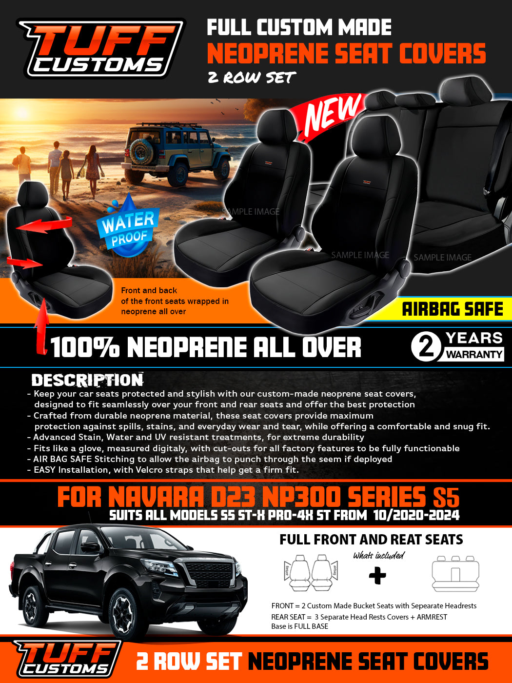 Tuff Customs Neoprene Seat Covers 2 Rows For Nissan Navara D23 NP300 S5 PRO-4X ST 10/2020-2026