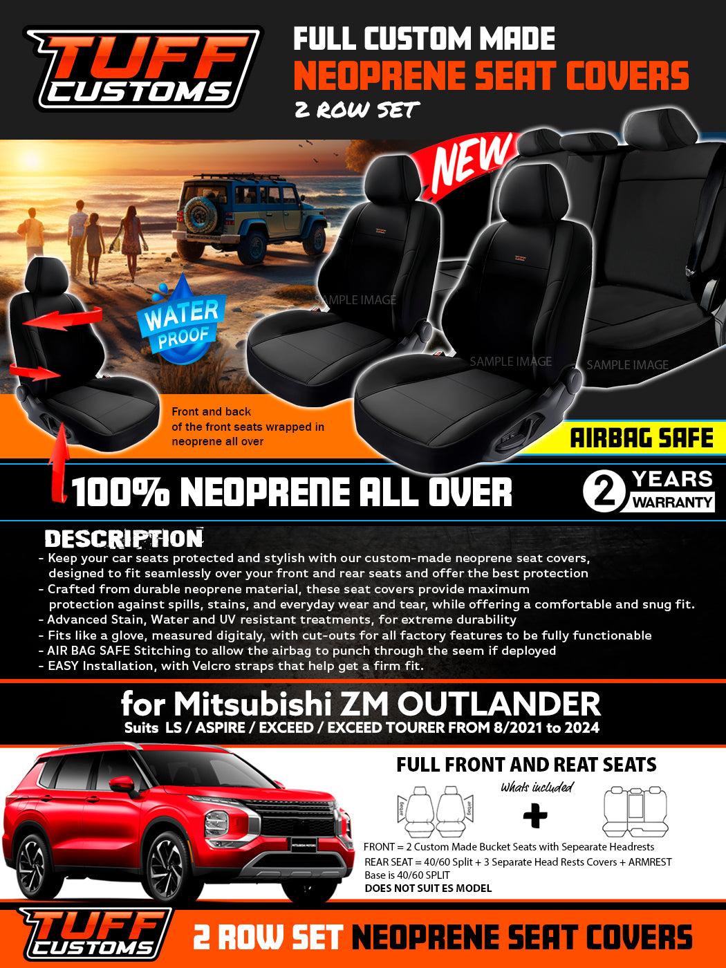 TUFF Customs Neoprene Seat Covers For Mitsubishi ZM Outlander LS Aspire Exceed 8/2021-2026 2 Rows Black