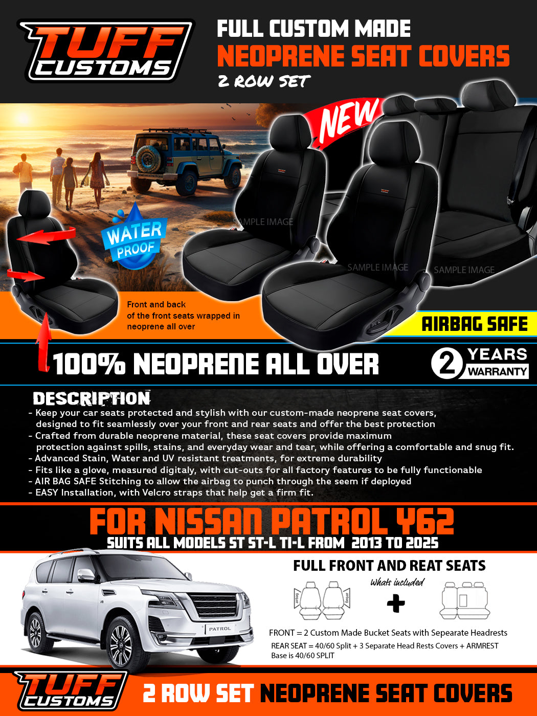 TUFF Customs Neoprene Seat Covers For Nissan Y62 PATROL TI TI-L ST 2013-2026 2 Rows Black