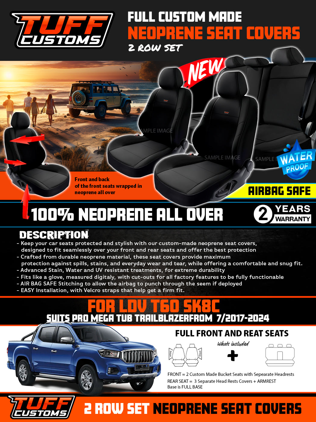 Tuff Customs Neoprene Seat Covers For LDV T60 SK8C Pro Trailrider Megatub 7/2017-2026 2 Rows Black