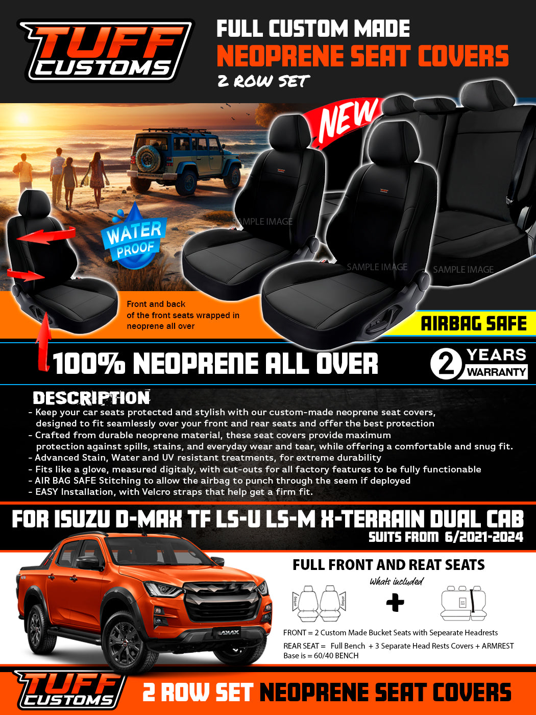 Tuff Customs Neoprene Seat Covers Isuzu TF Dmax D-Max LS-M LS-U X-Terrain 7/2020-2026 2 Rows Black