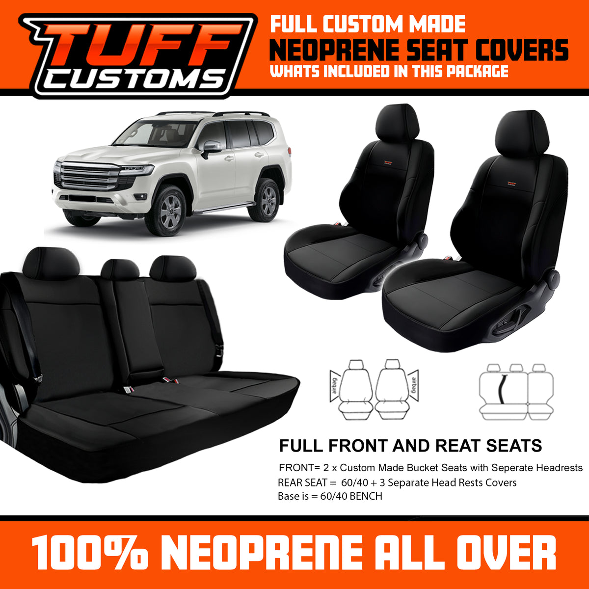 Tuff Customs Neoprene Seat Covers 2 Rows For Toyota Landcruiser 300 Series GX GXL 7/2021-2026