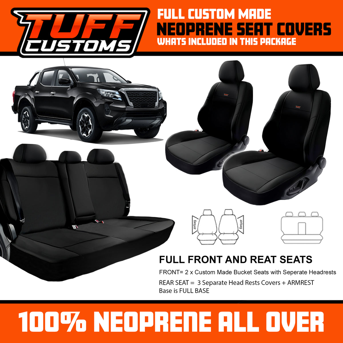 Tuff Customs Neoprene Seat Covers 2 Rows For Nissan Navara D23 NP300 S5 PRO-4X ST 10/2020-2026