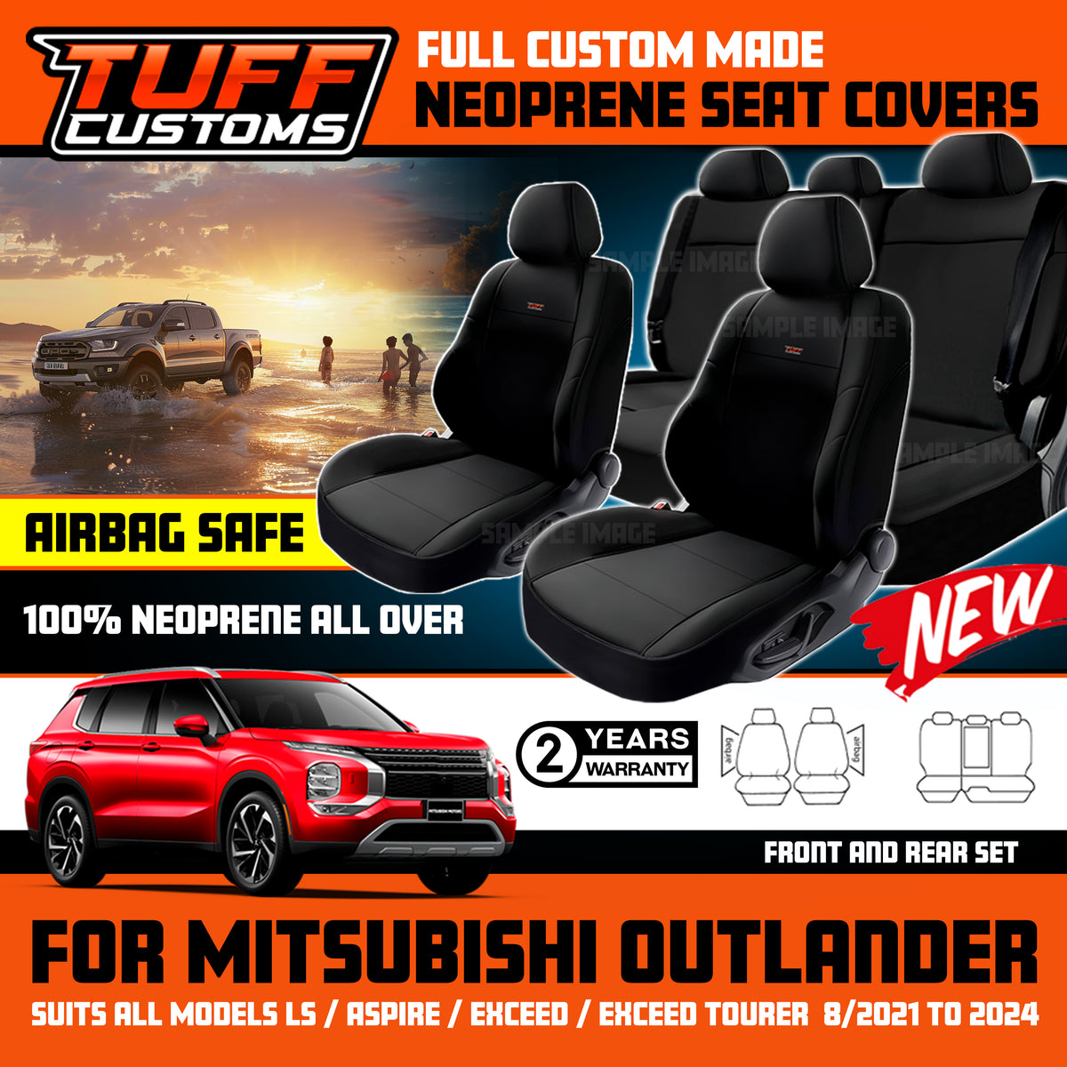 TUFF Customs Neoprene Seat Covers For Mitsubishi ZM Outlander LS Aspire Exceed 8/2021-2026 2 Rows Black