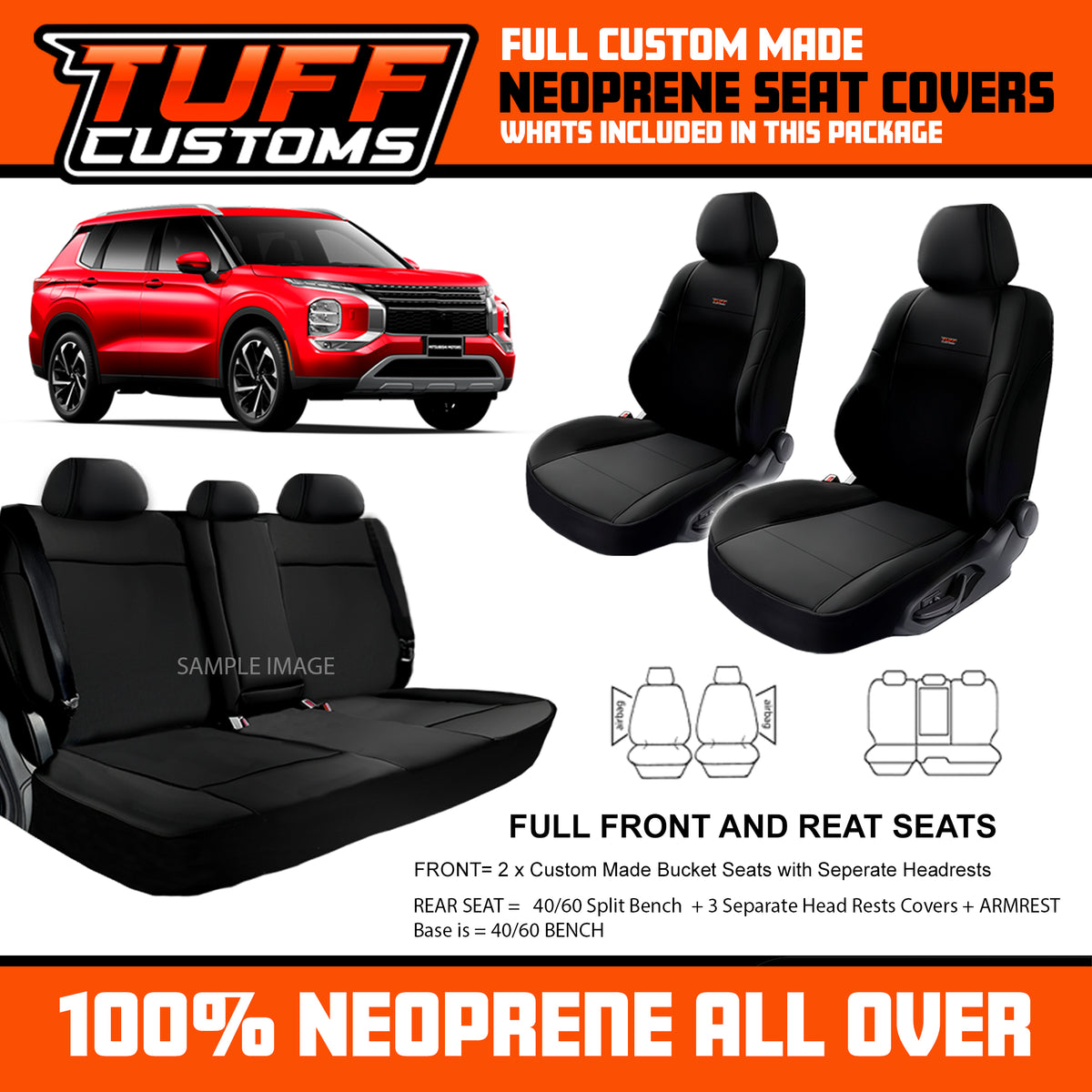 TUFF Customs Neoprene Seat Covers For Mitsubishi ZM Outlander LS Aspire Exceed 8/2021-2026 2 Rows Black