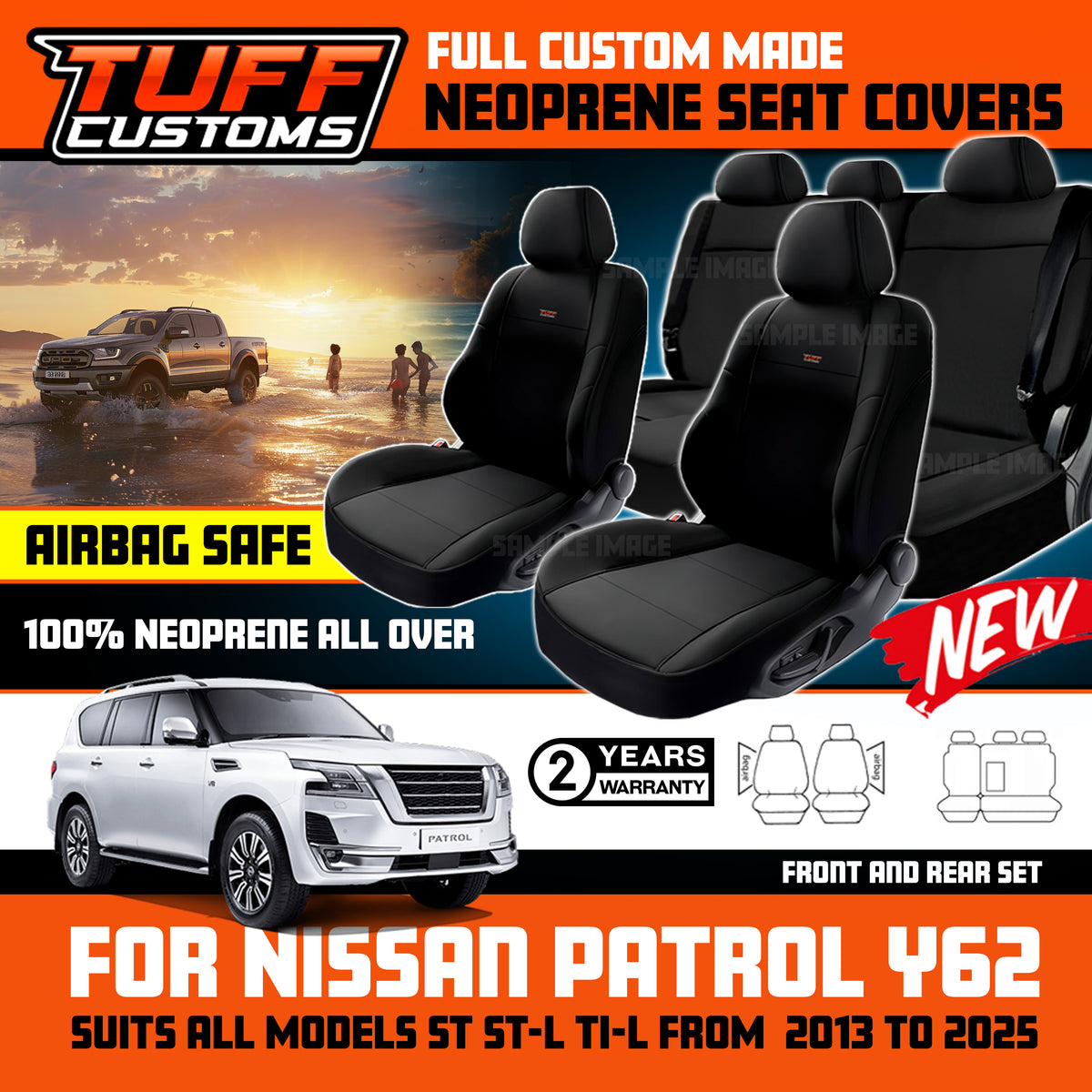 TUFF Customs Neoprene Seat Covers For Nissan Y62 PATROL TI TI-L ST 2013-2026 2 Rows Black