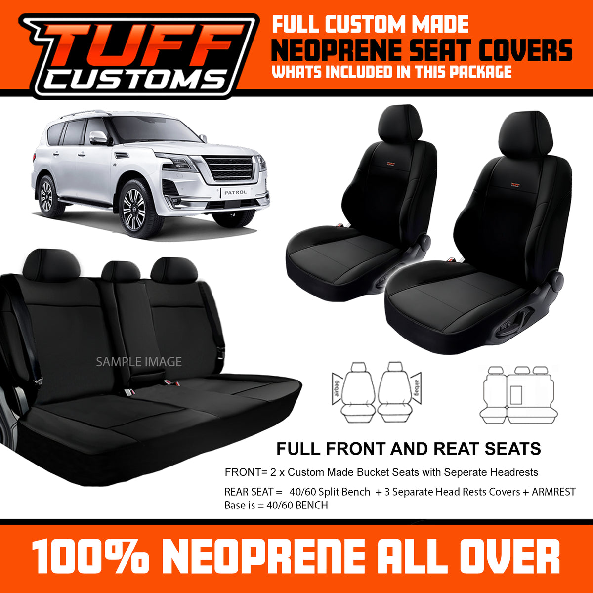 TUFF Customs Neoprene Seat Covers For Nissan Y62 PATROL TI TI-L ST 2013-2026 2 Rows Black
