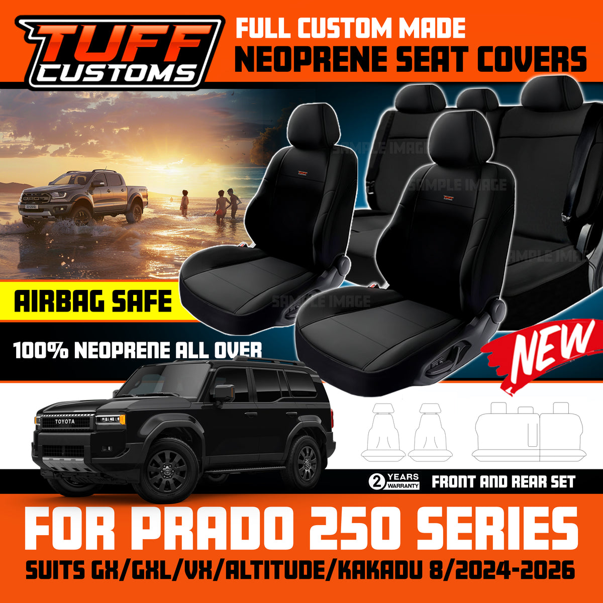 TUFF Customs Neoprene Seat Covers 2 Rows For TOYOTA PRADO 250 GX GXL KAKADU VX 8/2024-2026