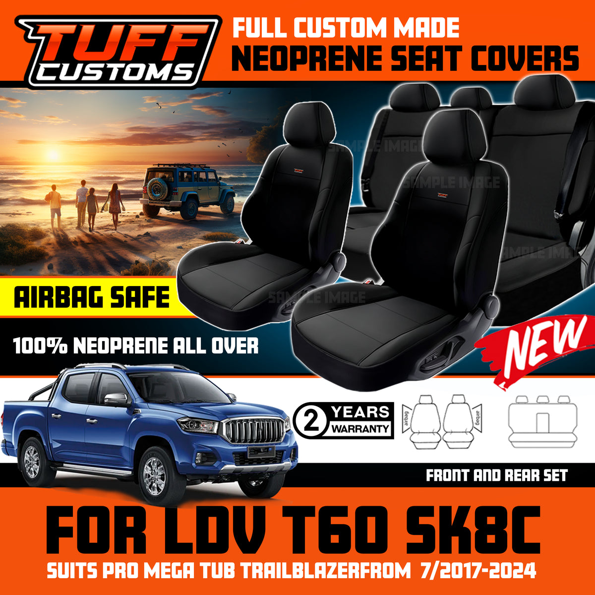 Tuff Customs Neoprene Seat Covers For LDV T60 SK8C Pro Trailrider Megatub 7/2017-2026 2 Rows Black