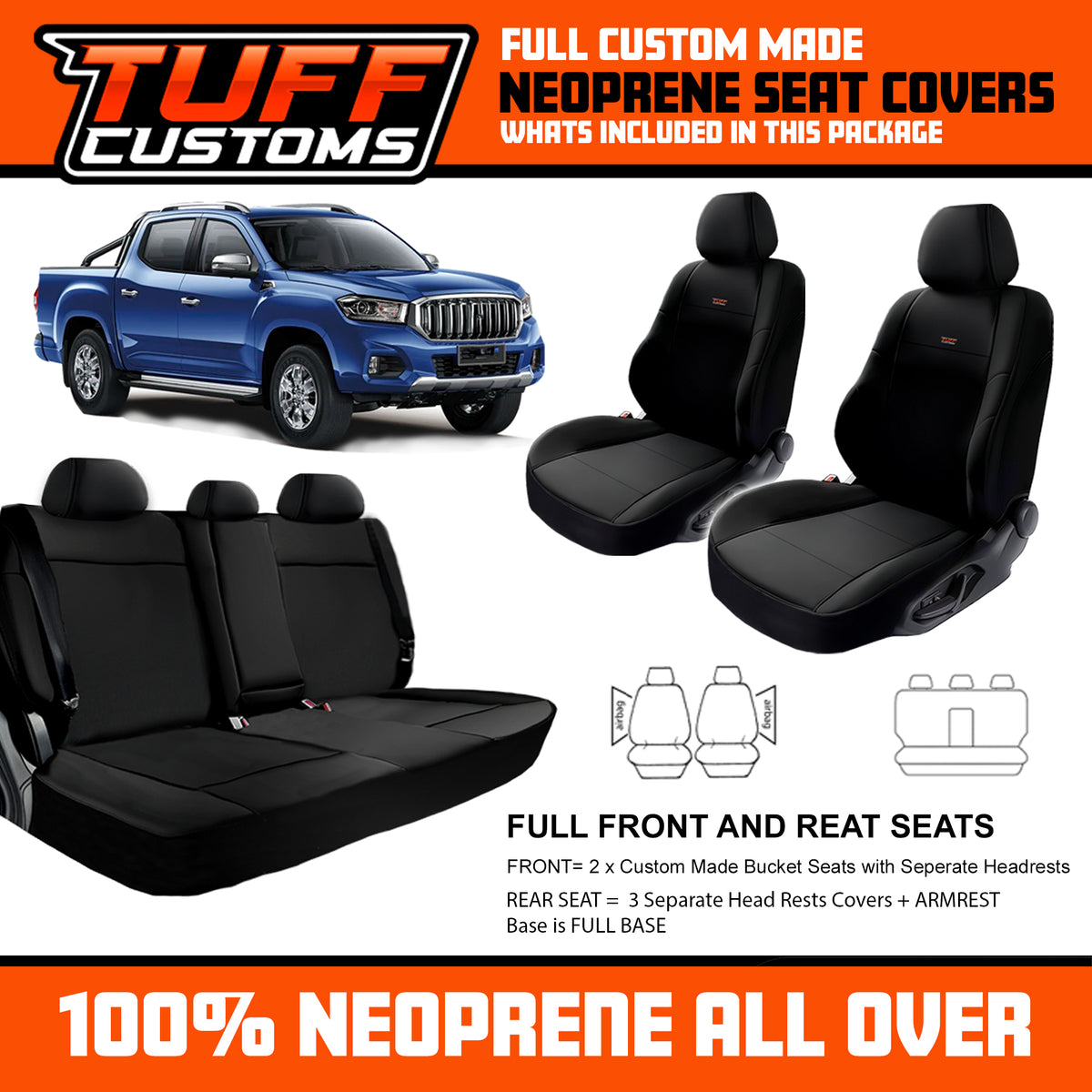 Tuff Customs Neoprene Seat Covers For LDV T60 SK8C Pro Trailrider Megatub 7/2017-2026 2 Rows Black
