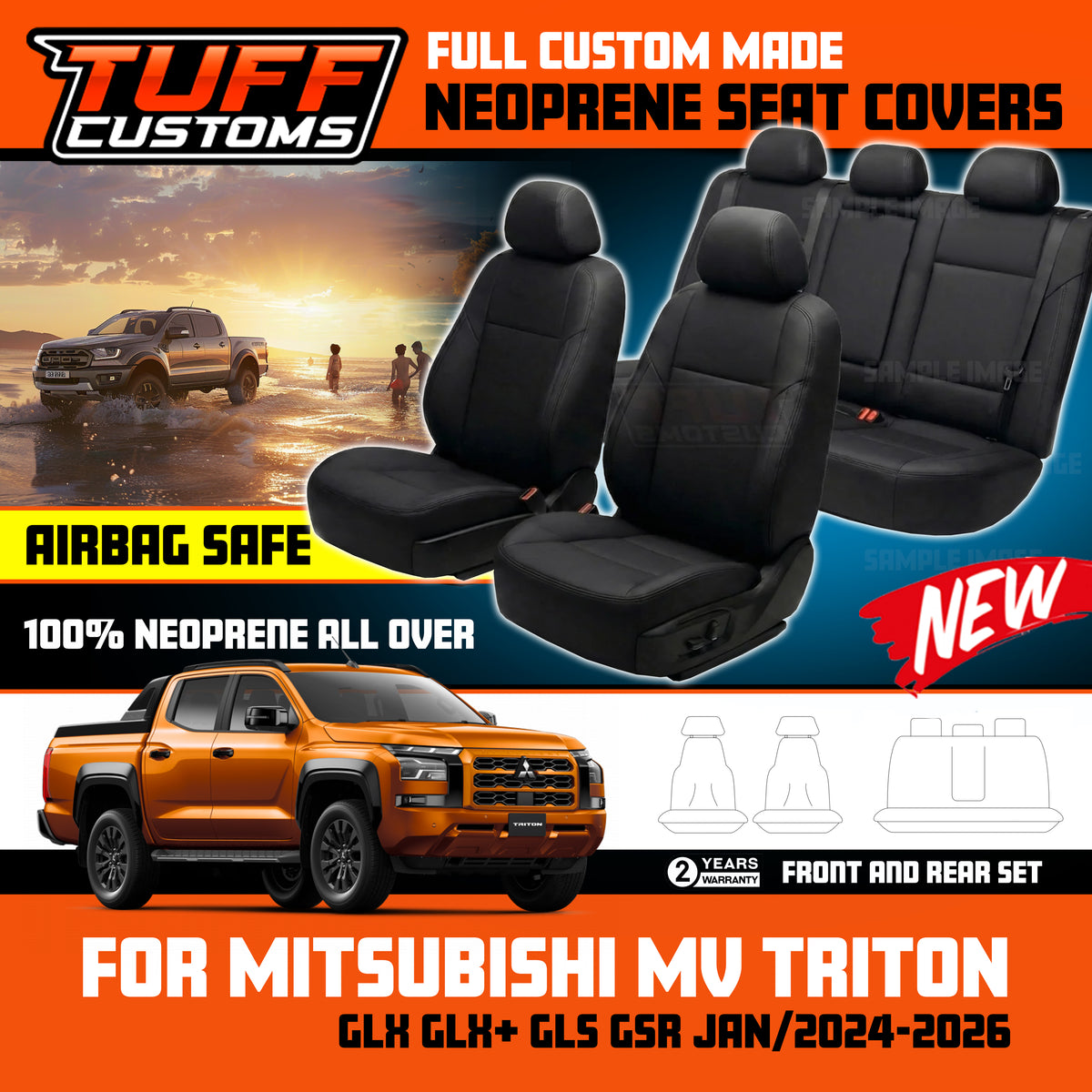 TUFF CUSTOMS FRONT Neoprene Seat Covers MITSUBISHI TRITON MV NEW GEN GLX GLX+  GLS  GSR JAN 2024-2026 DOUBLE CAB