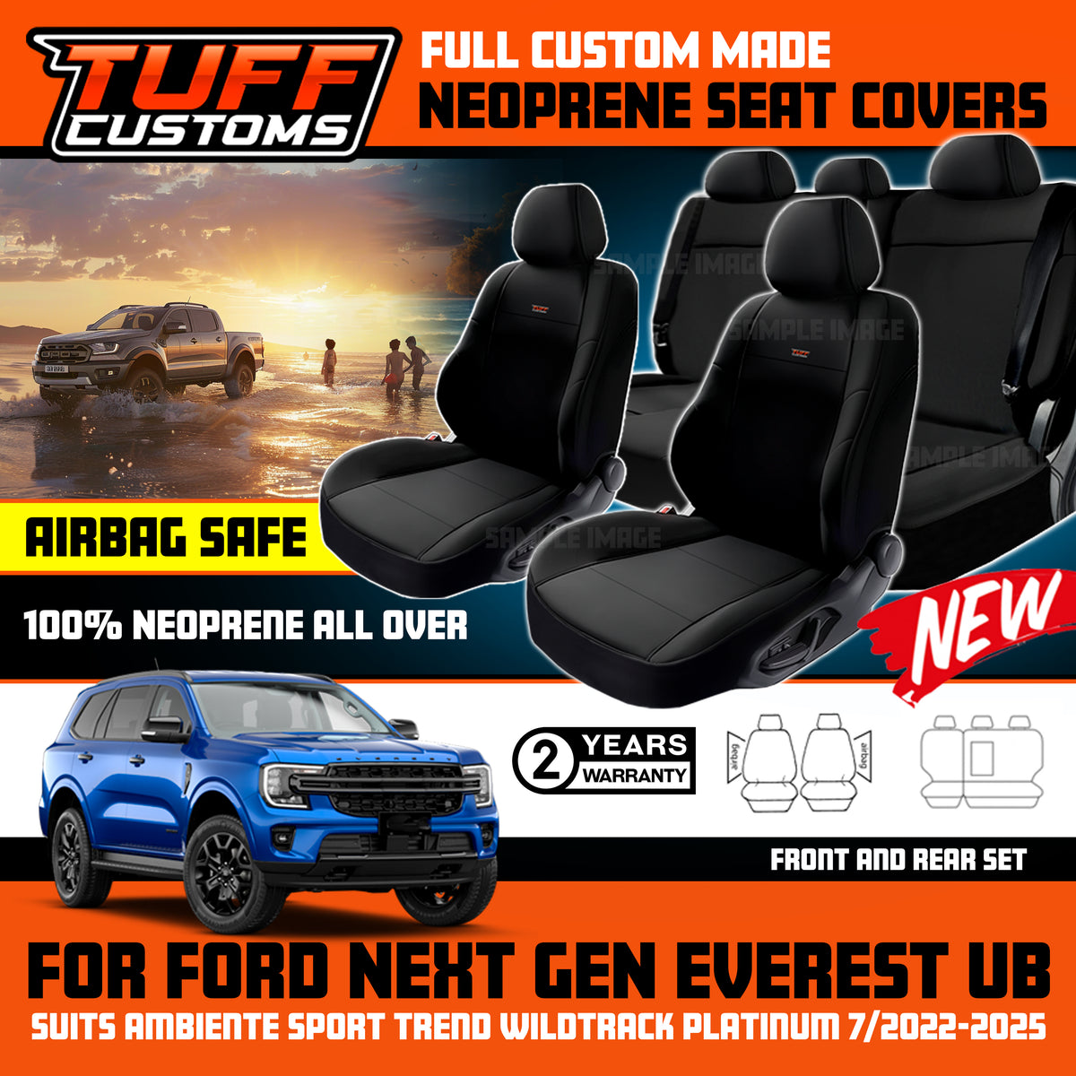 TUFF Customs Neoprene Seat Covers 2 Rows Ford NEXT GEN EVEREST TREND WILDTRACK SPORT 2022-2026