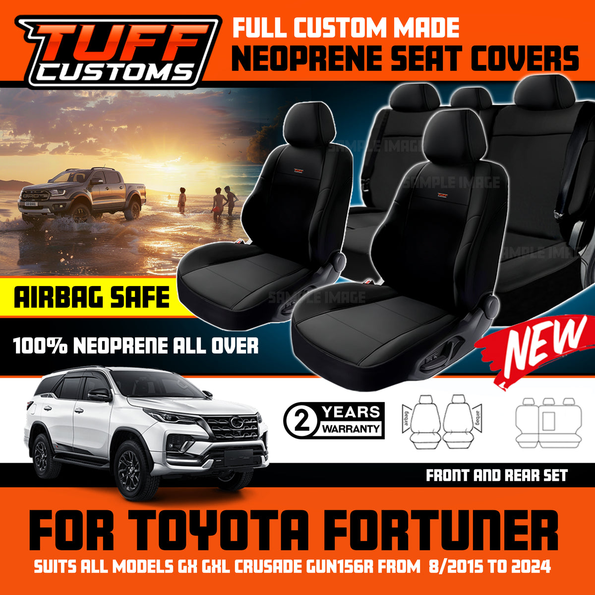 TUFF Customs Neoprene Seat Covers 2 Rows For Toyota Fortuner GX GXL CRUSADE 6/2021-2026