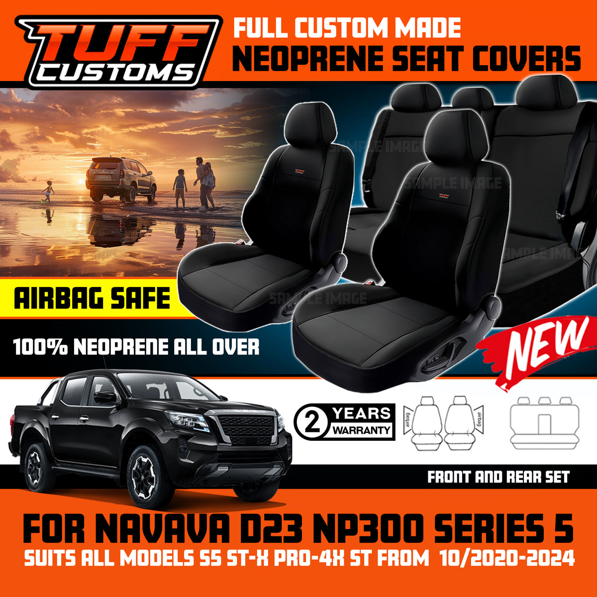 Tuff Customs Neoprene Seat Covers 2 Rows For Nissan Navara D23 NP300 S5 PRO-4X ST 10/2020-2026