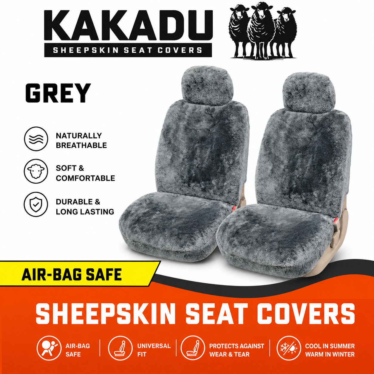 KAKADU Ultimate Universal Sheepskin Seat Covers 6 Year Warranty 30mm AIRBAG Safe 5 Colours
